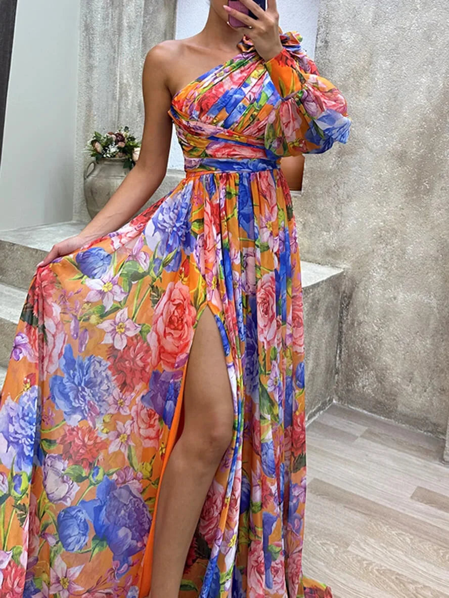 Special occasion women's floral maxi dress, one-shoulder, with an elegant high slit.