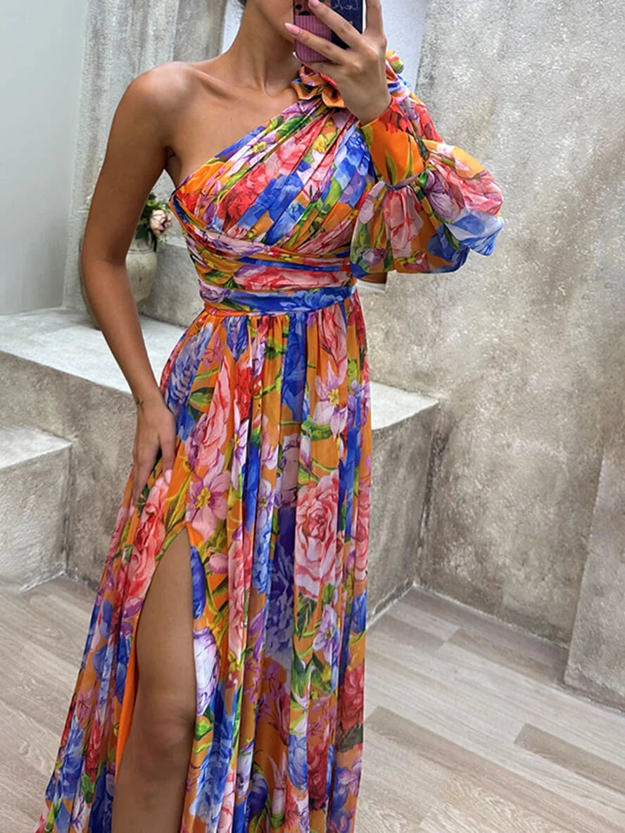 Graceful women's one-shoulder floral maxi dress, perfect as an elegant long summer dress.