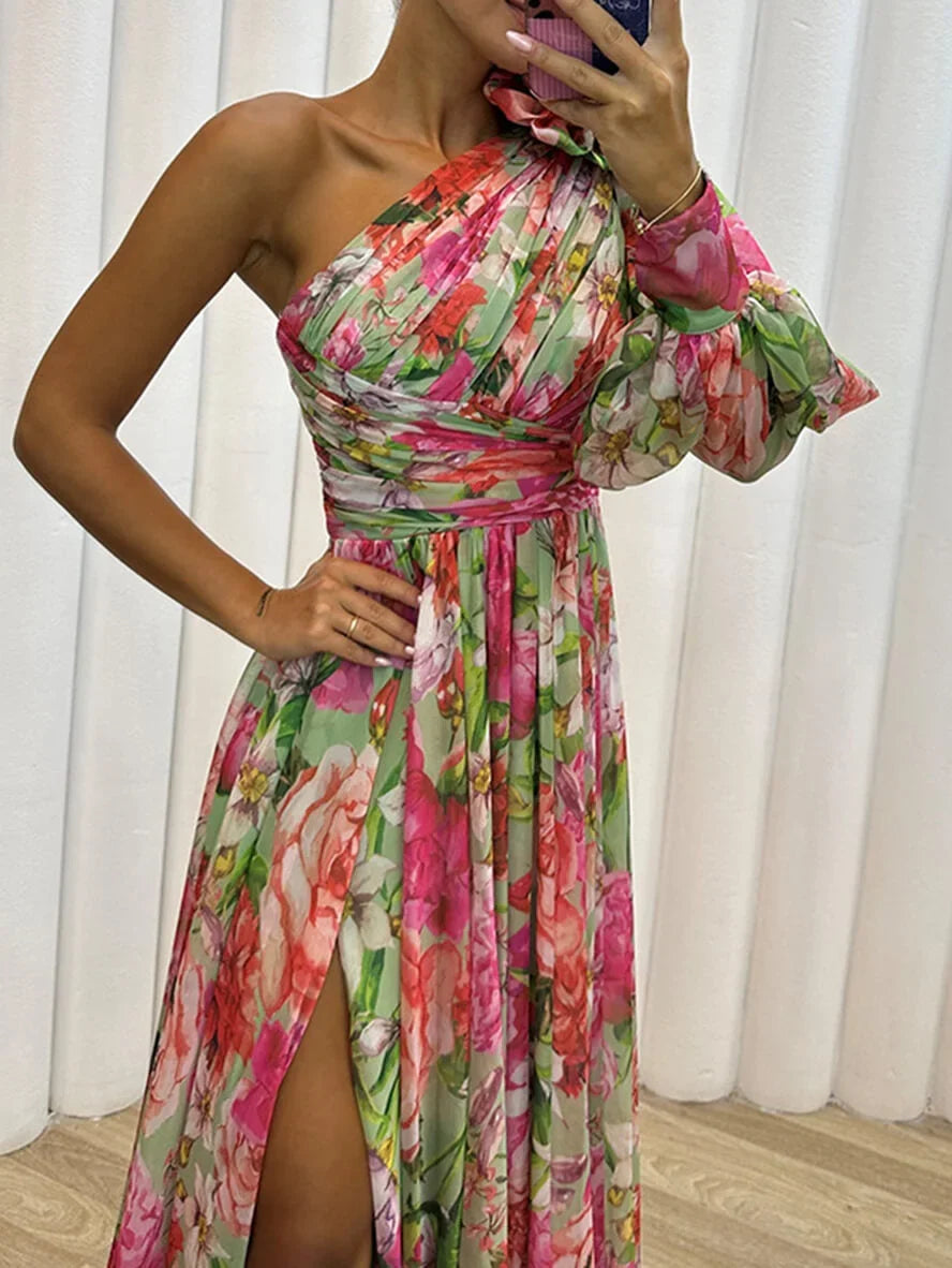Stylish women's one-shoulder floral maxi dress with a sophisticated high slit.