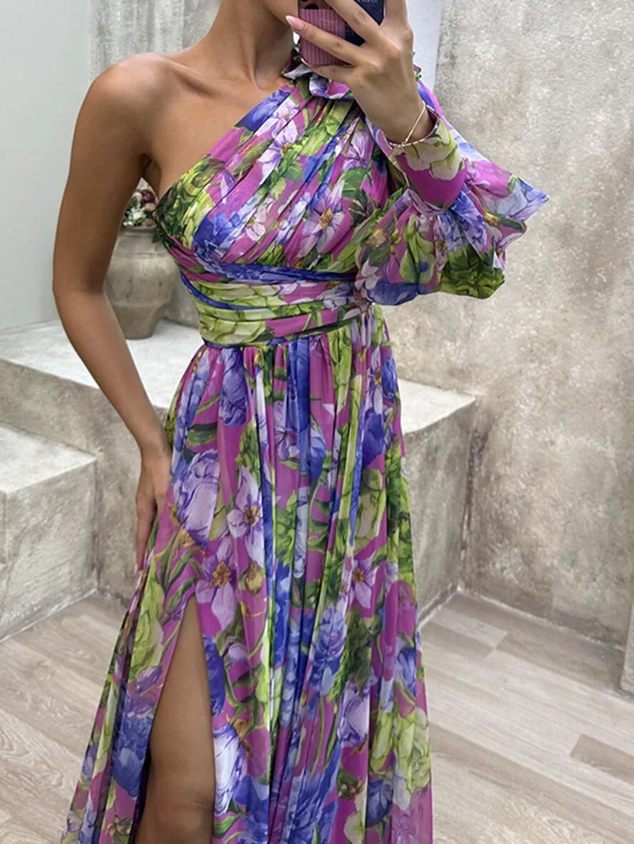 Vibrant floral one-shoulder maxi dress for women, featuring a stunning high slit.