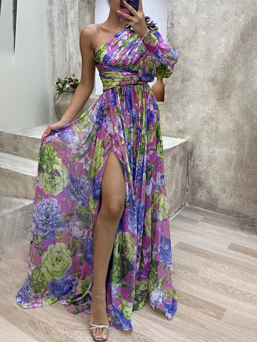 Chic women's one-shoulder floral maxi dress with a daring high slit for summer.