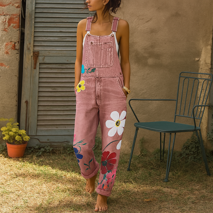 Women's floral patterned one-piece jumpsuit. Perfect for summer, vacation, or casual chic style.