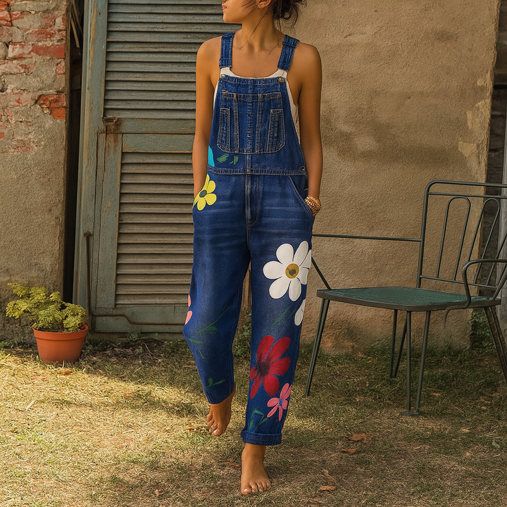 Stylish women's floral print jumpsuit. Easy one-piece summer outfit, ideal for casual fashion.