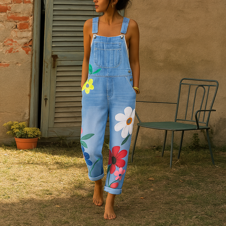 Elegant women's patterned floral jumpsuit. A comfortable one-piece for warm weather and vacation wear.