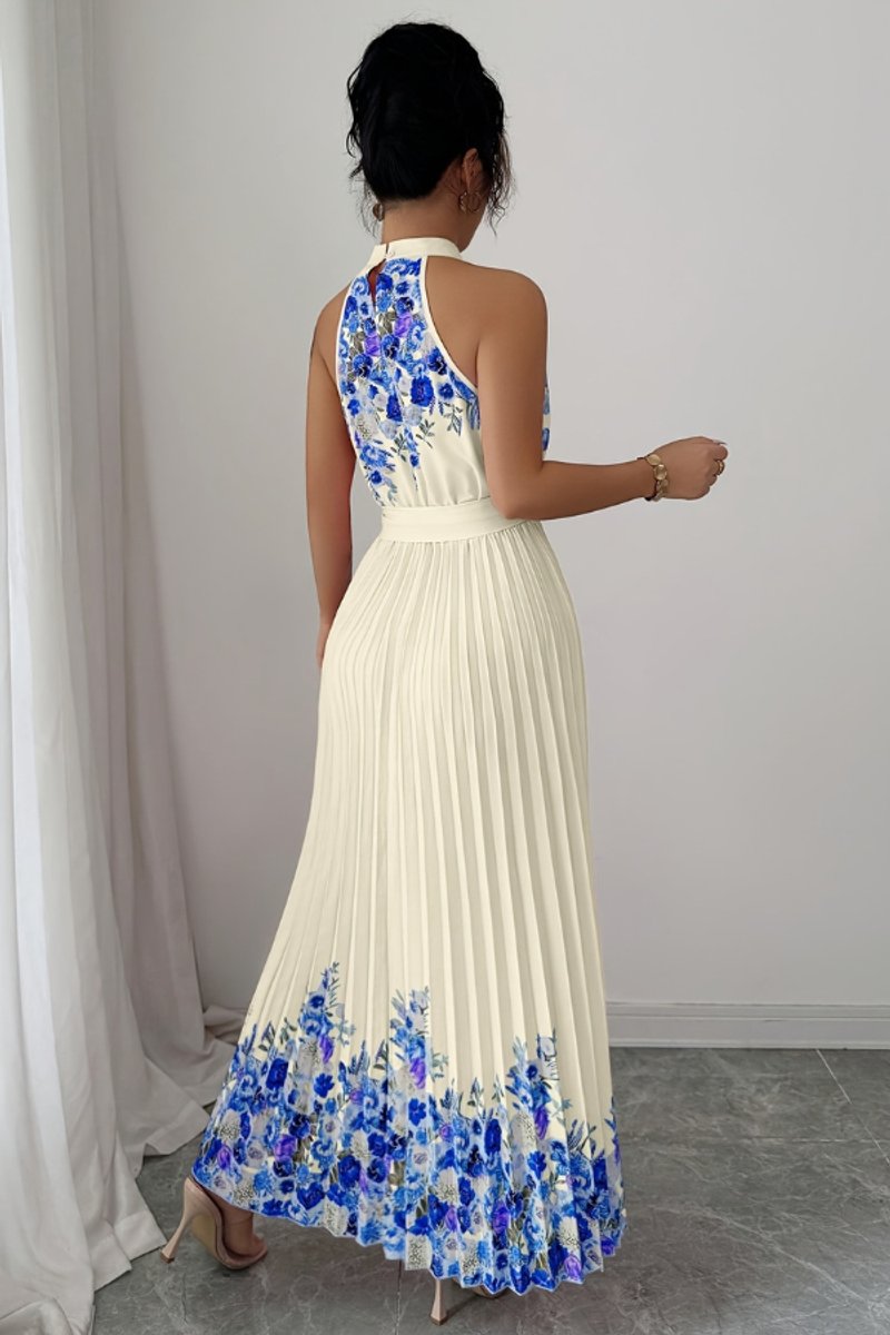 Floral print halter-neck maxi dress, ideal for summer weddings.