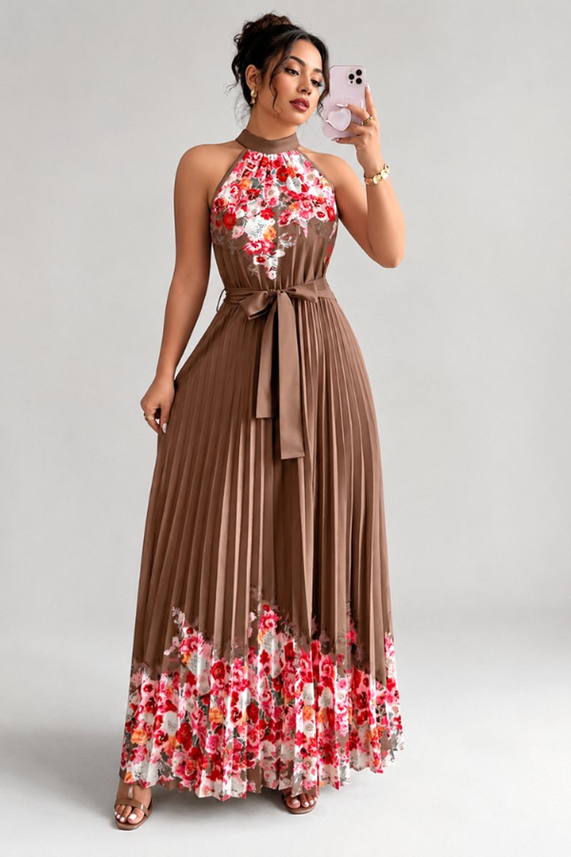 Flowy floral pleated maxi gown, perfect for evening and formal wear.