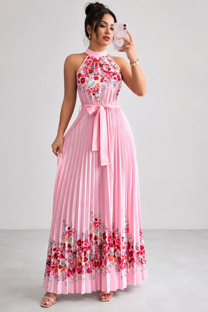 Elegant floral halter maxi dress for wedding guests, garden parties.