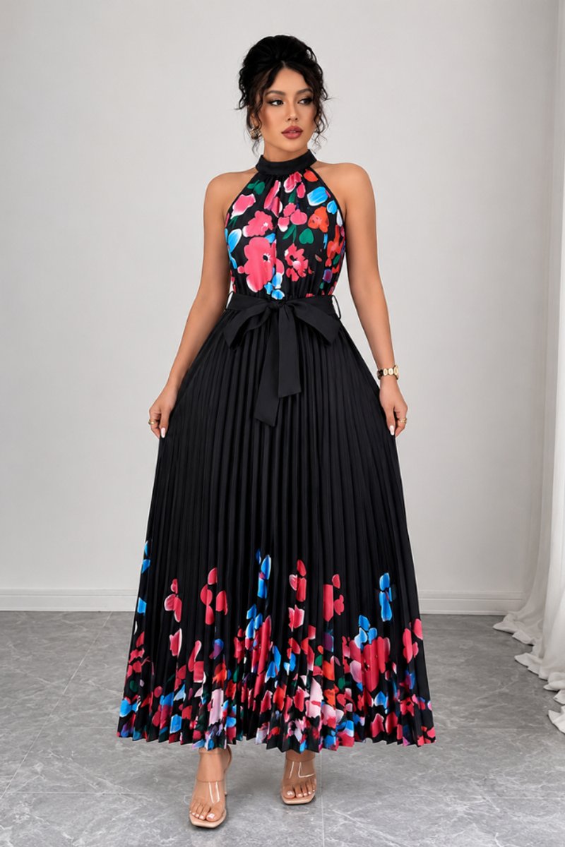 Beautiful floral pleated maxi dress with a chic halter neck for women.