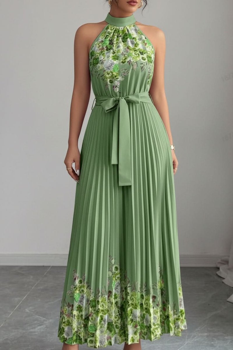 Halter neck floral pleated evening gown, perfect for elegant summer events.