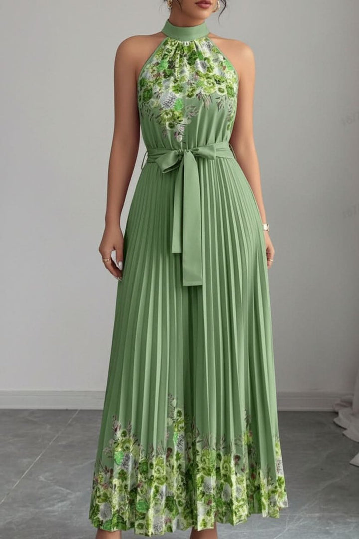Halter neck floral pleated evening gown, perfect for elegant summer events.