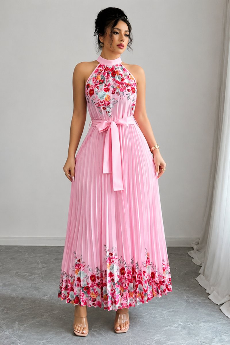 Flowy pleated floral maxi gown, perfect for summer special occasions.