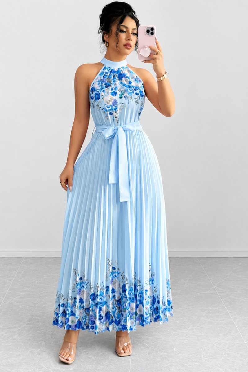 Halter neck floral print evening gown with elegant pleats for women.
