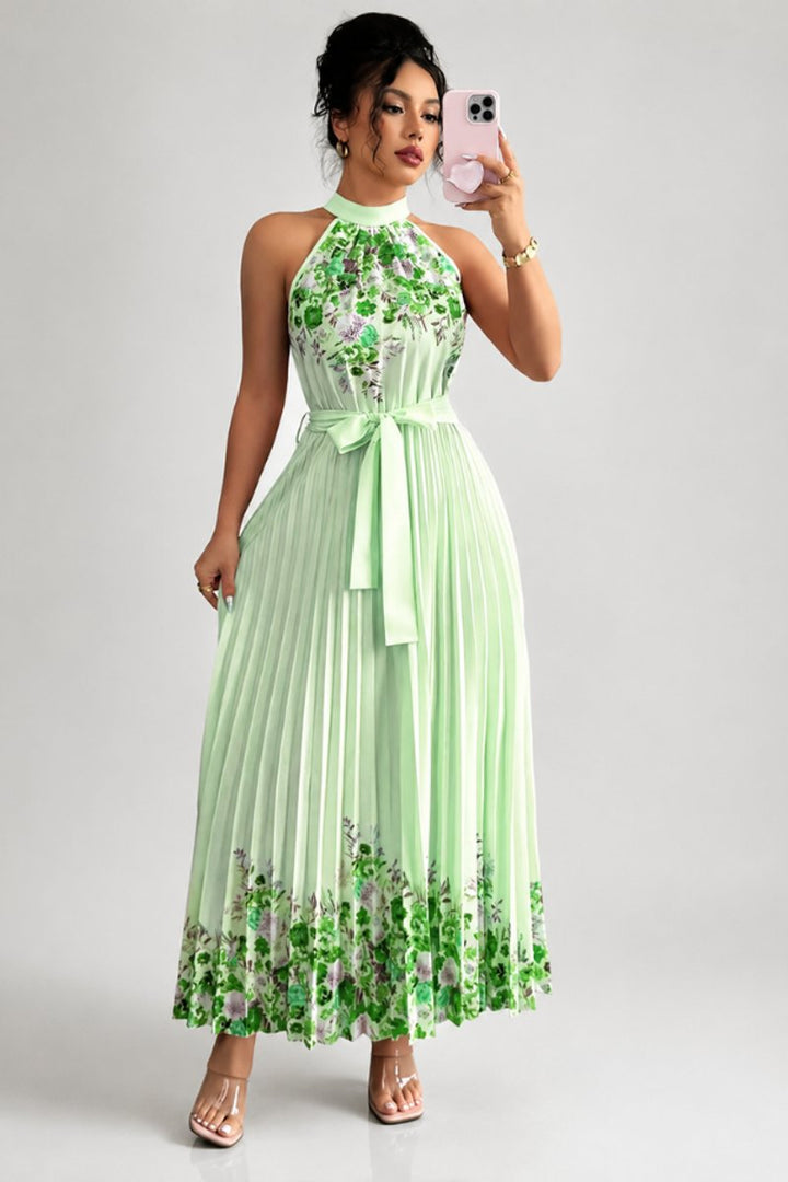 Women's elegant floral maxi dress with a stylish halter neckline.