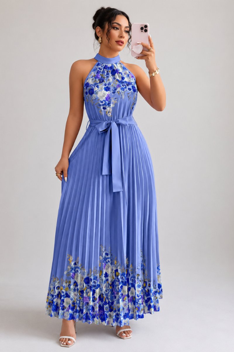 Summer floral evening gown, pleated, halter neck, for special events.