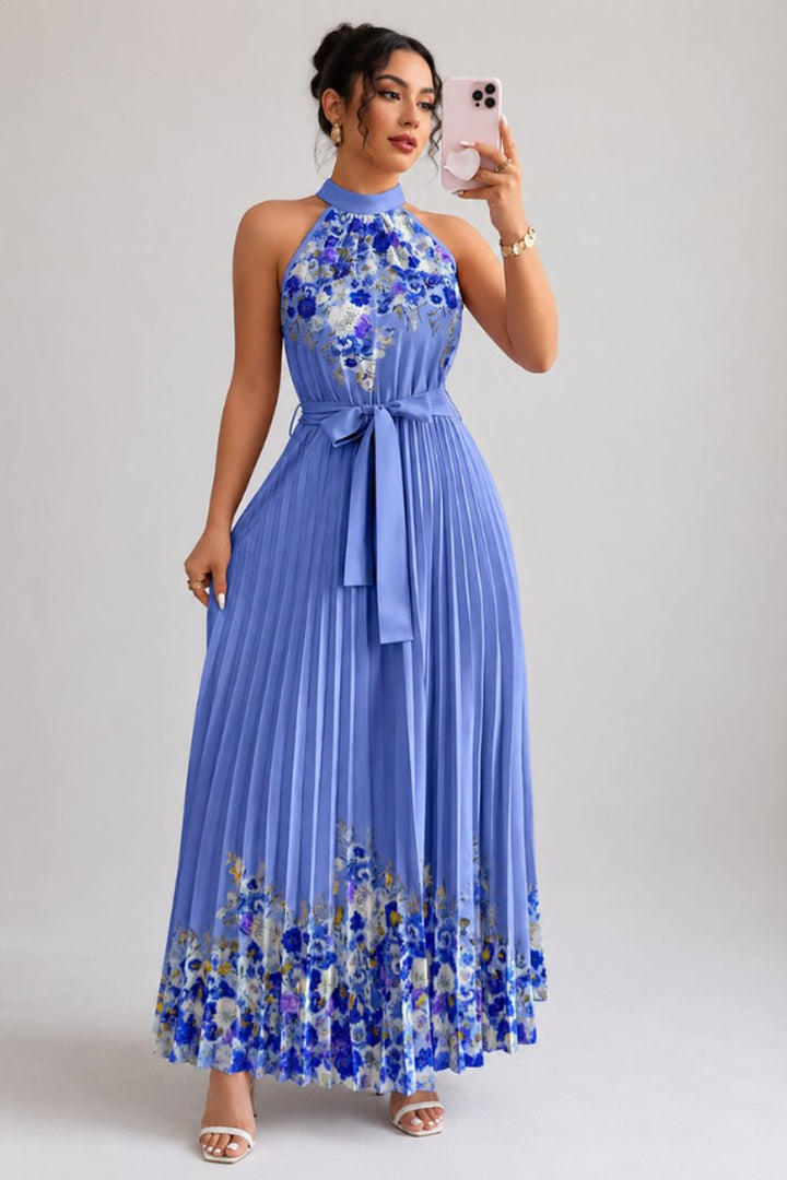 Summer floral evening gown, pleated, halter neck, for special events.