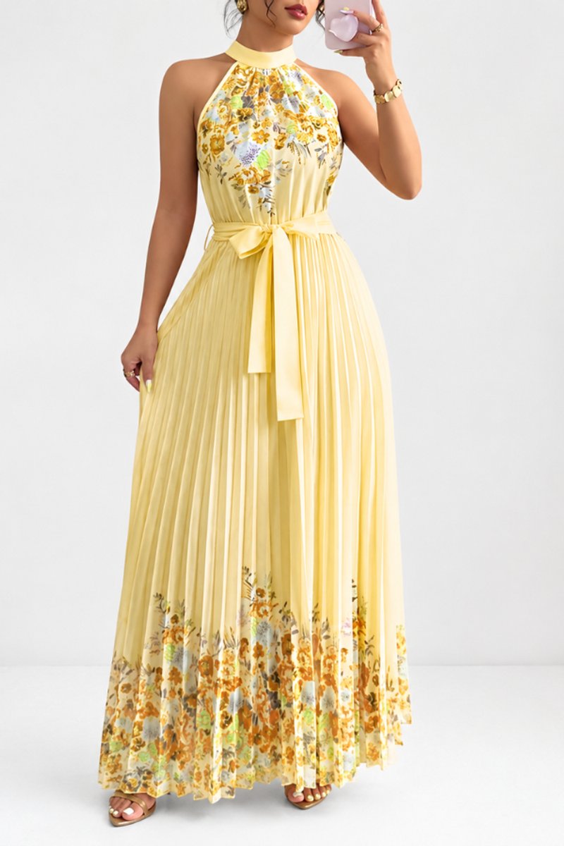Pleated floral maxi dress, a sophisticated choice for evening wear.