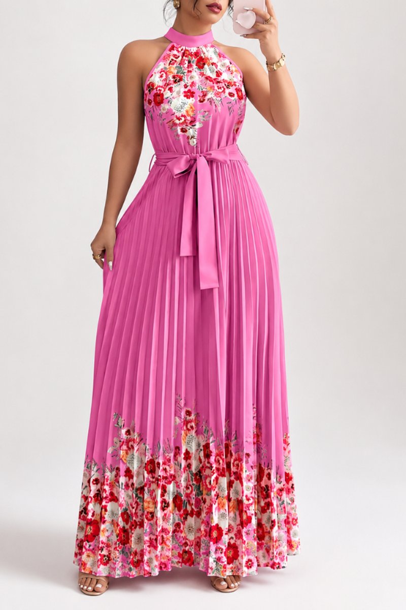 Halter neck floral garden party dress, long and elegantly pleated.