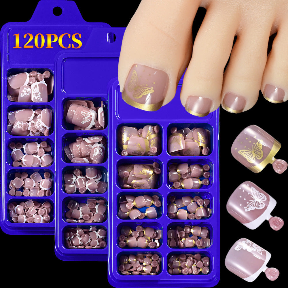 Vibrant floral false toenails for women, a 120-piece set perfect for stylish summer nail art pedicures.