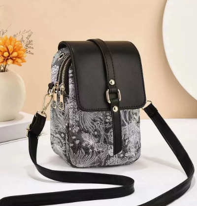 Blue floral print crossbody bag, compact faux leather purse with adjustable strap, women's fashion.