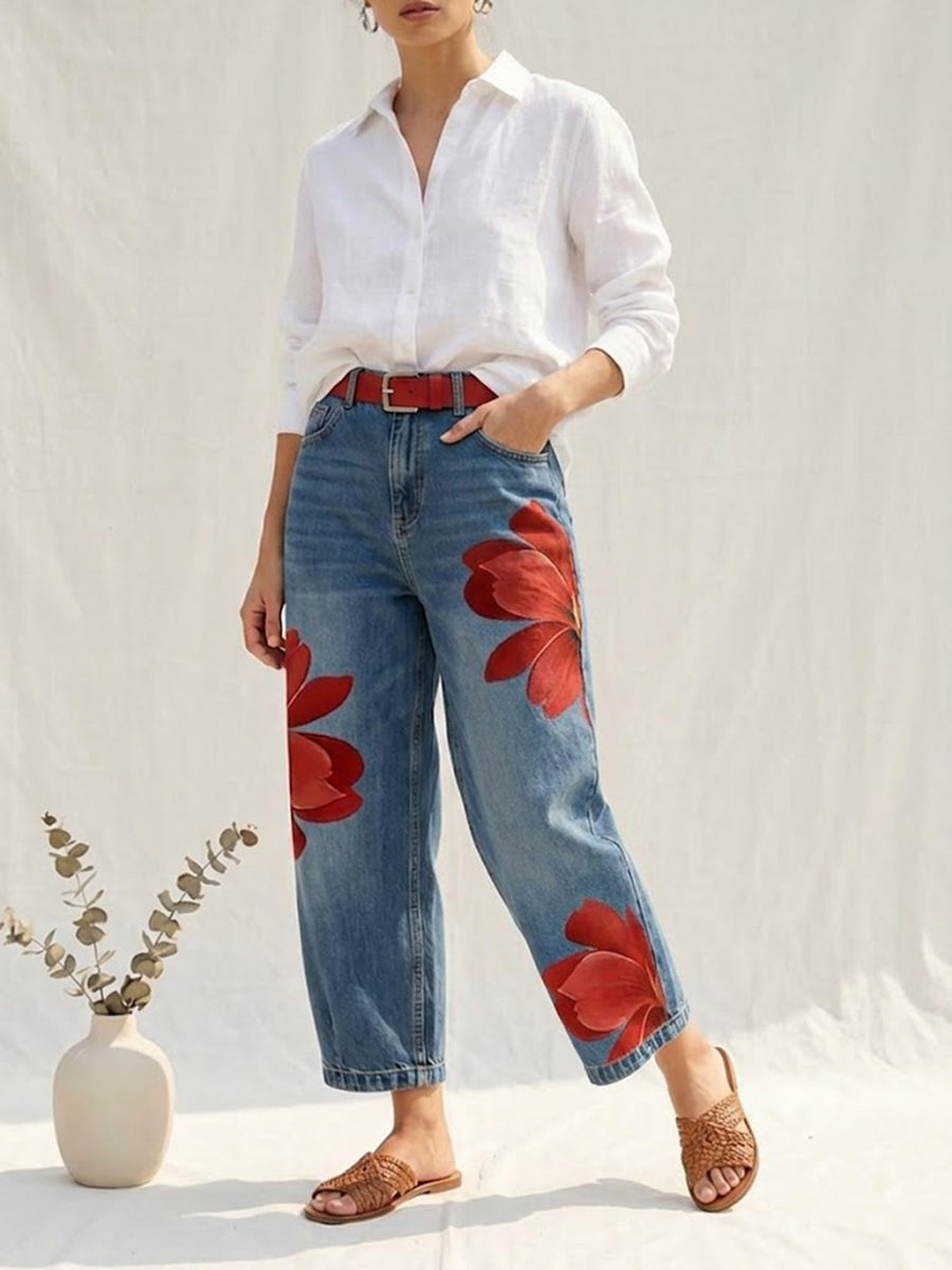 Women's floral print high waist trousers with a relaxed straight leg fit, perfect for summer casual wear.
