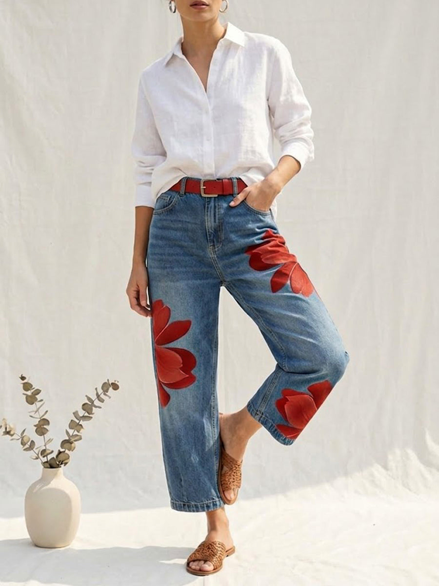 Stylish women's floral high waist trousers showcasing a relaxed straight leg, combining comfort with fashion.