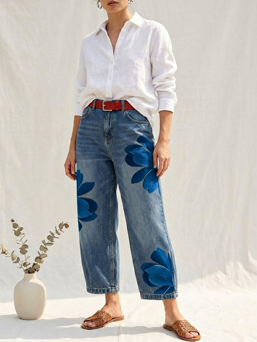 Full-length view of women's floral print high waist trousers, designed with a comfortable straight leg for all-day wear.