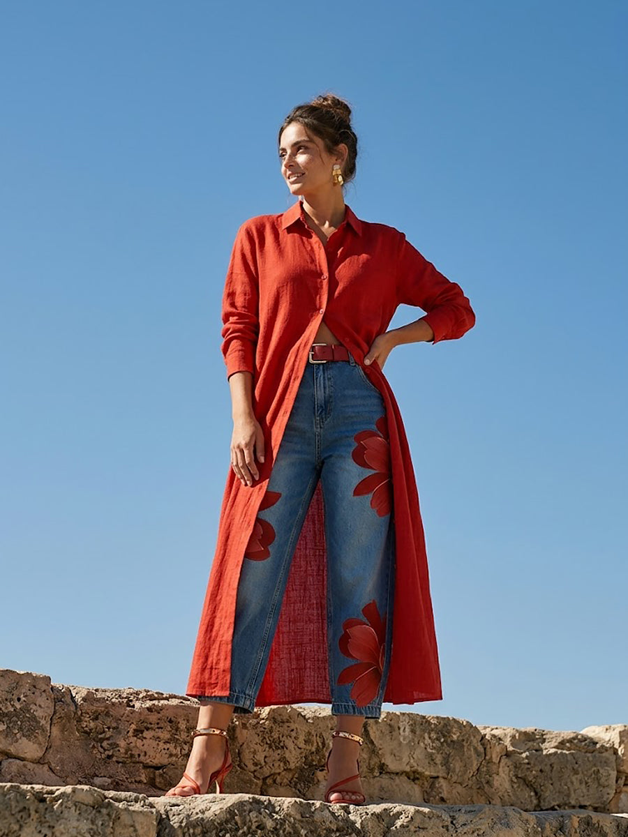 Women's high waist floral trousers, featuring a flattering high rise and a chic relaxed straight leg cut.