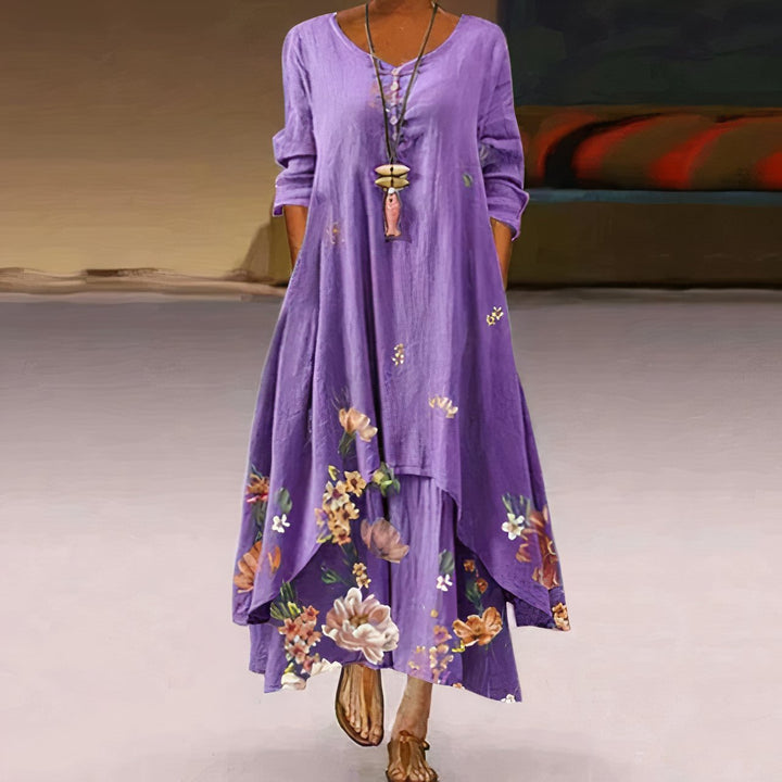 Women's floral print maxi dress, long sleeve, A-line, casual spring comfort.