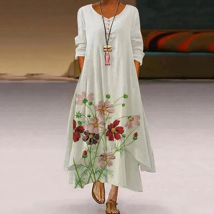 Elegant long sleeve floral maxi dress for women, A-line silhouette, ideal for comfortable casual wear.