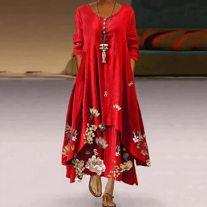 Loose fit women's floral maxi dress, long sleeve, A-line design, great for spring/autumn casual style.