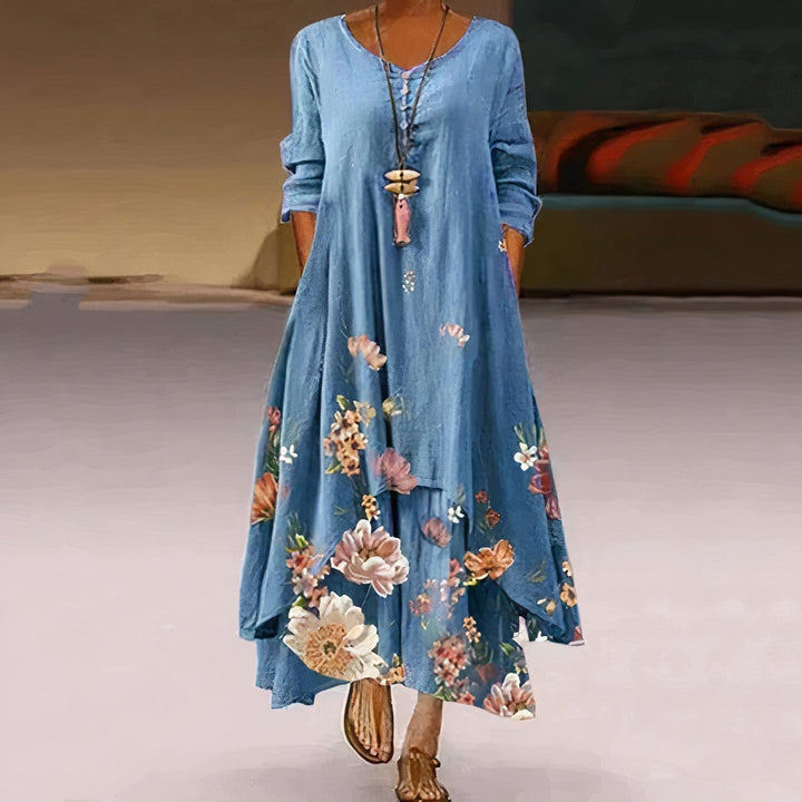 Comfortable A-line floral print maxi dress for women, long sleeve, perfect everyday casual wear.