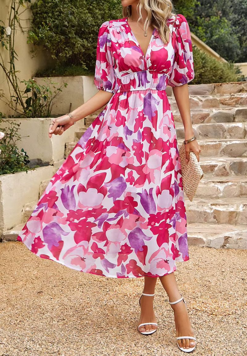 Gorgeous women's floral print summer maxi dress, V-neck, puff sleeves, elegant & flowing.
