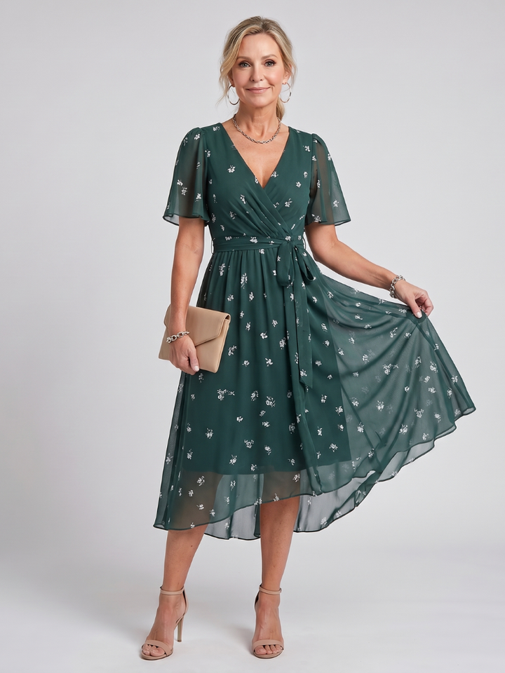 Women's floral print midi dress with flutter sleeves, gathered waist, and V-neck. Perfect for summer style.