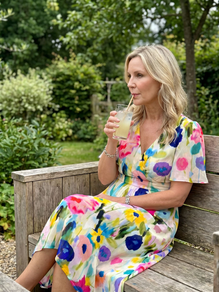 Women's elegant floral print midi dress. Comfortable, flowy design with flutter sleeves & gathered waist.