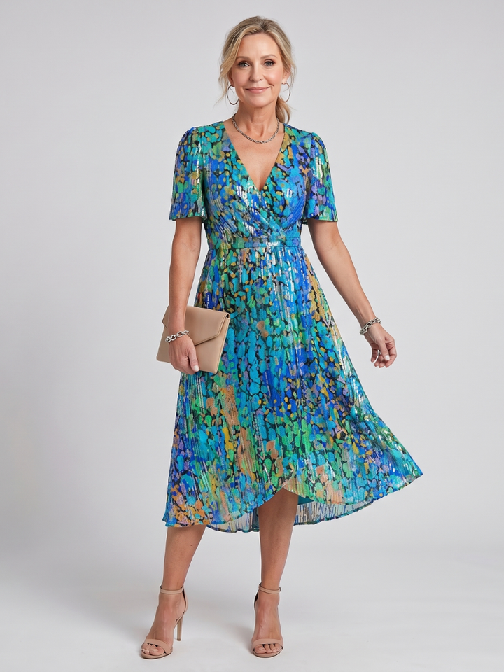 Summer casual women's floral midi dress with delicate flutter sleeves, V-neck, and a stylish gathered waist.