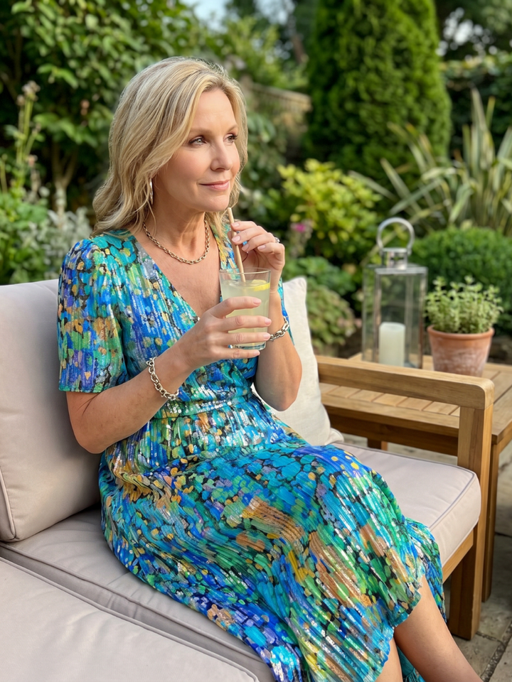 Feminine floral midi dress for women, offering a relaxed fit, flutter sleeves, and an accentuating gathered waist.