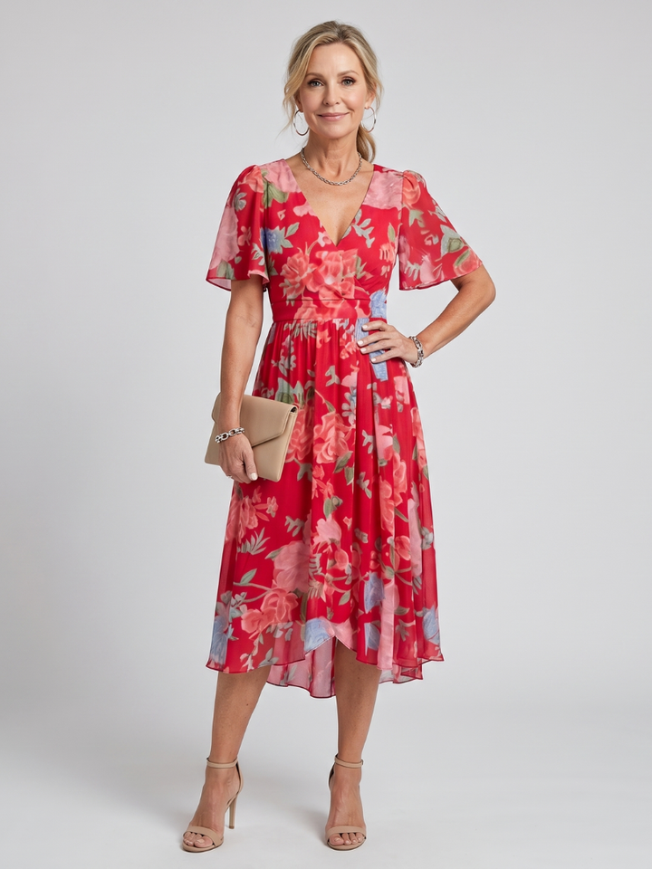 Stylish women's floral print midi dress, perfect for summer. Features flutter sleeves, V-neck, and gathered waist.