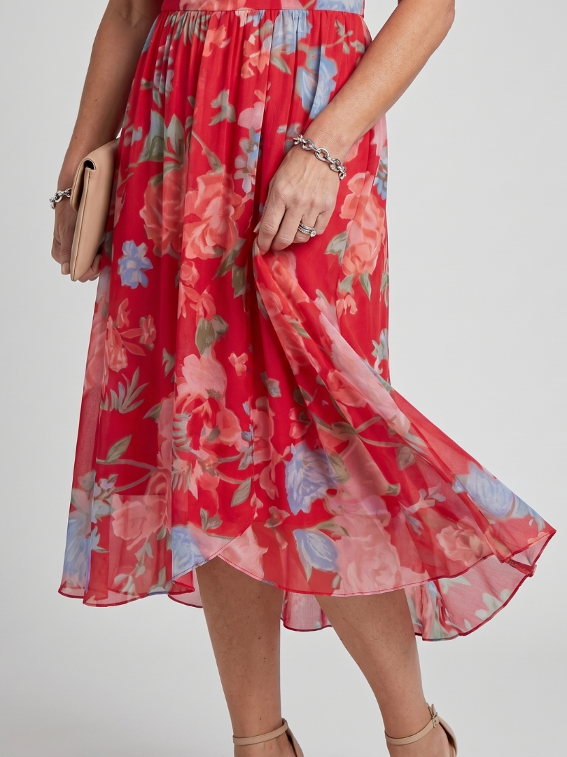 Comfortable & elegant women's floral midi dress with flutter sleeves, gathered waist, and a chic V-neck.
