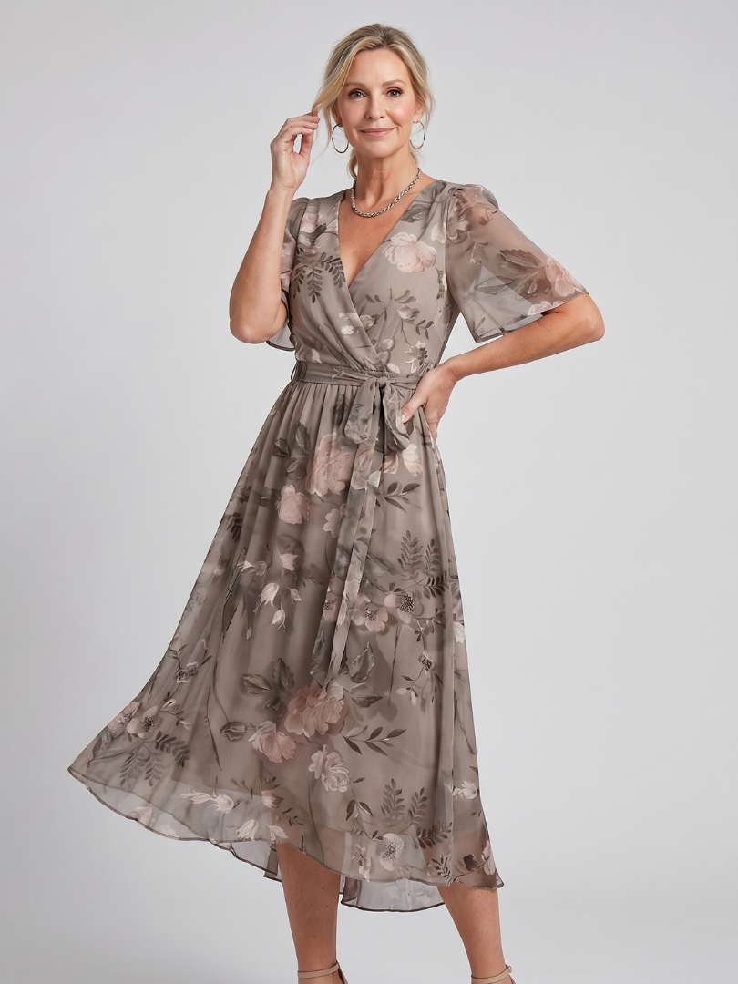 Beautiful women's floral print day dress; midi length, flutter sleeves, and an elegant gathered waist.