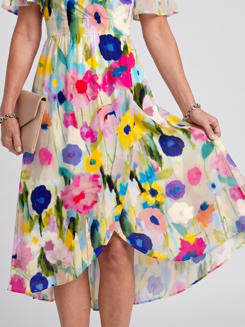 Vibrant floral print midi dress for women, featuring a gathered waist, flutter sleeves, and a deep V-neck.