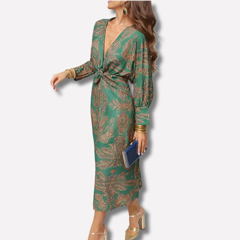 Women's floral print midi dress with knot front V-neck and batwing sleeves, perfect for summer casual elegance.