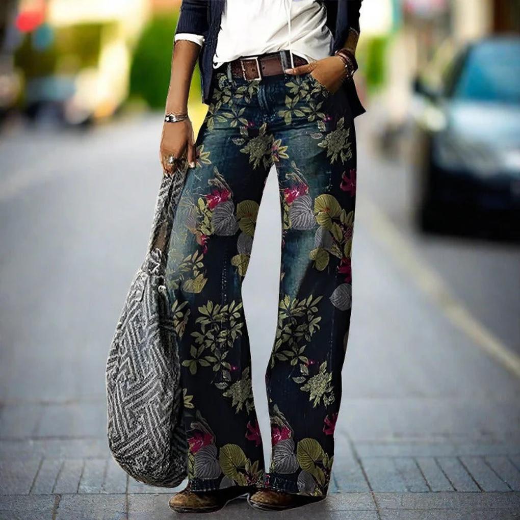 Women's floral print relaxed fit jeans with a straight leg and mid-rise, perfect for casual everyday wear.