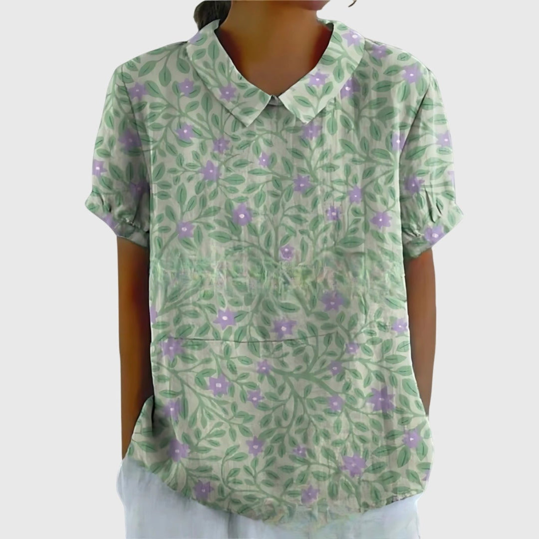 Stylish women's floral collared top with short sleeves, excellent for versatile summer & spring wear.