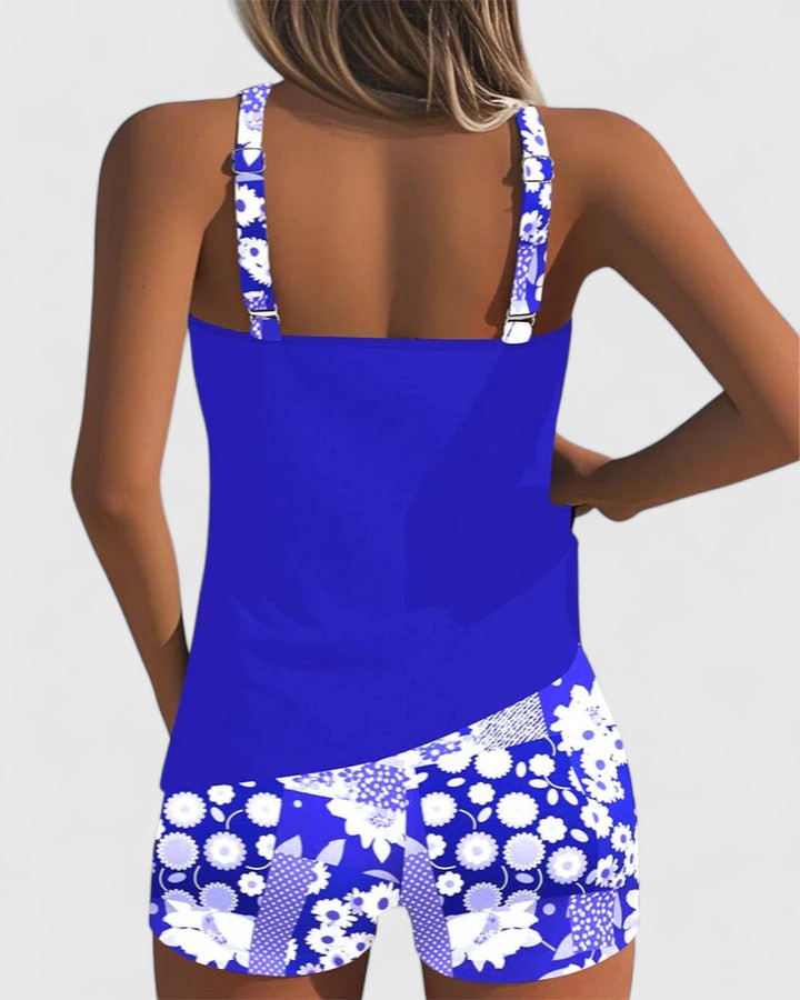 Stylish women's two-piece floral tankini swimwear for summer beach days & vacation.