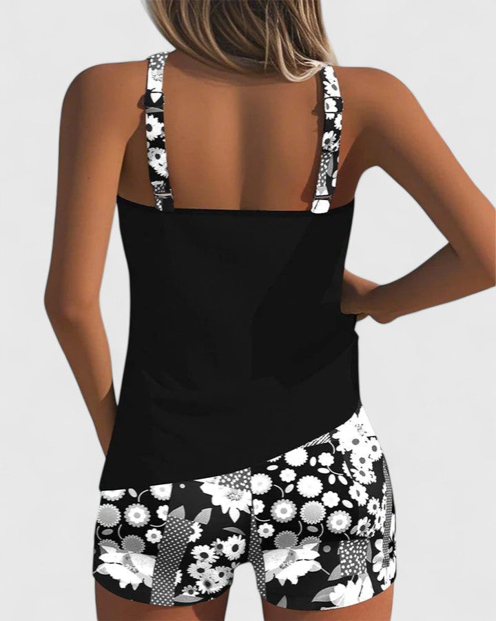 Comfortable women's floral print tankini set, chic swimwear for beach outings and summer vacations.