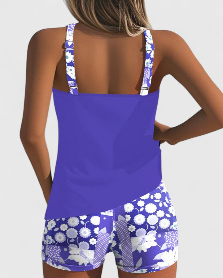Women's two-piece floral print tankini top & bottom, trendy beachwear for summer vacation.