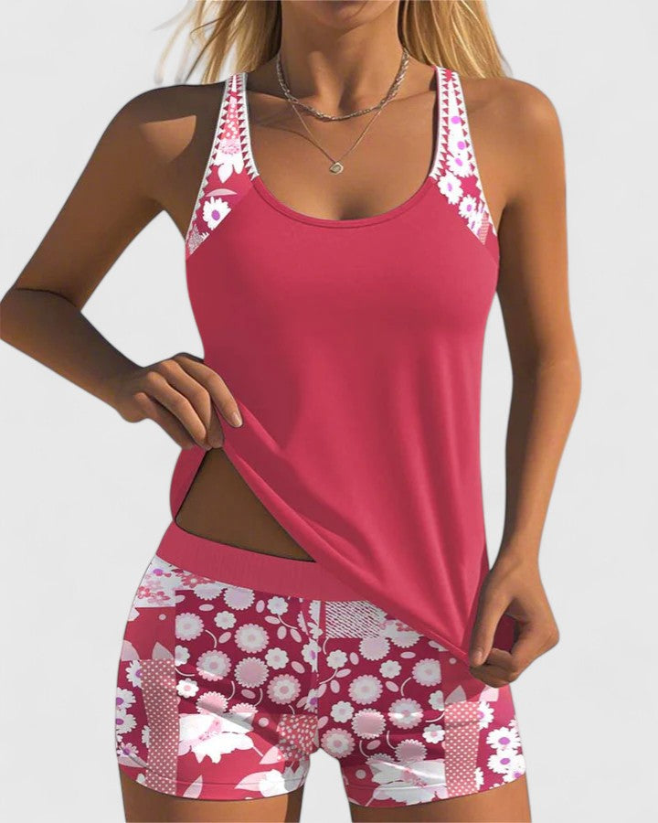 Elegant women's floral print tankini, a stylish two-piece swimsuit for resort and beach vacations.
