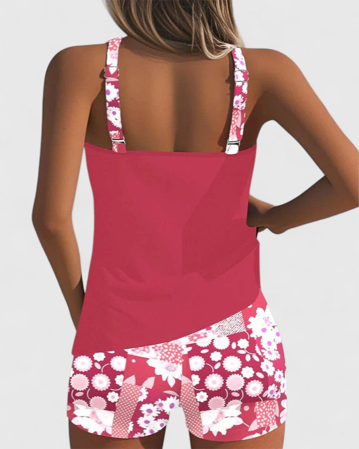 Travel-ready women's floral tankini swimsuit, perfect two-piece beachwear for summer trips.