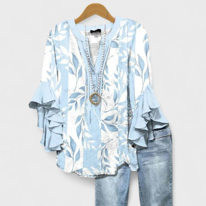Lightweight floral print V-neck blouse for women, featuring chic ruffle sleeves, ideal for everyday summer wear.