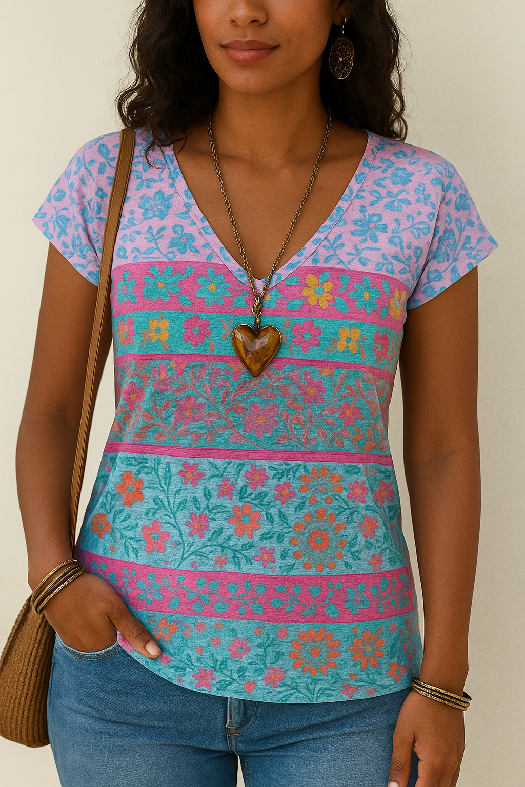 Women's floral print V-neck t-shirt with short sleeves for casual summer style. Multicolor everyday wear top.